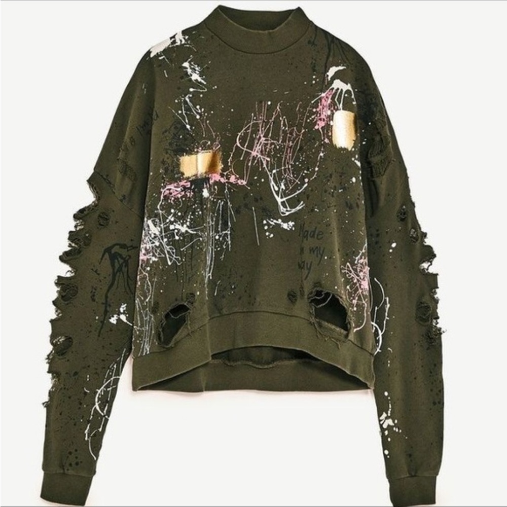 Zara Distressed Green Sweater